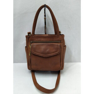 Fossil Brown Pebbled Leather Pockets Top Handle Small Satchel Crossbody Bag